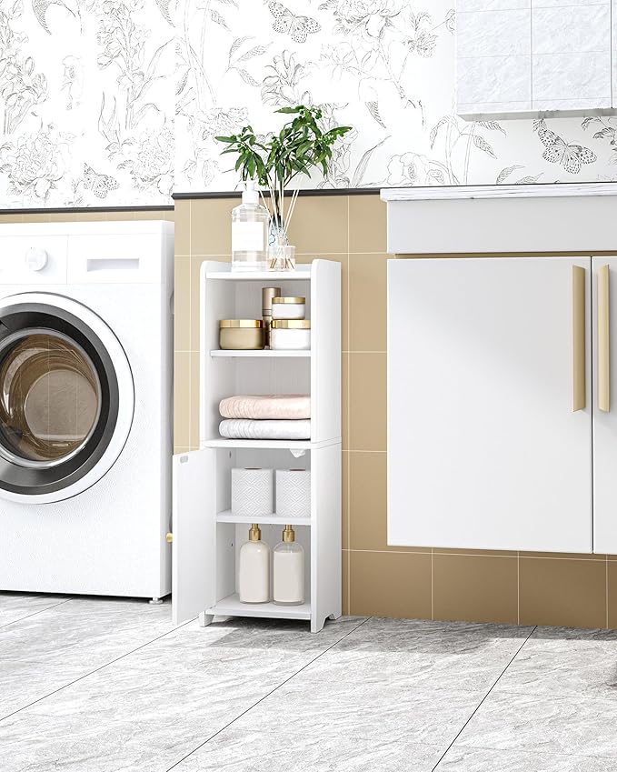 Bathroom Storage Cabinet, Corner Floor Cabinet with Doors and Adjustable Shelf, Narrow Toilet Paper Cabinets, Bathroom Organizer for Small Spaces, White BC29713X
