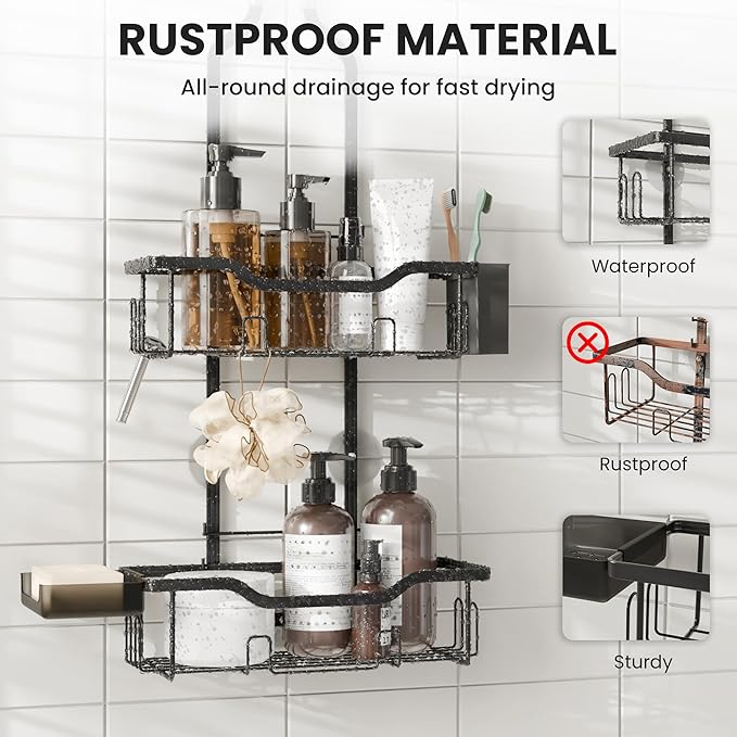 Hanging Shower Caddy Over Head,2 Tier Rustproof Shower Organizer for Tall Showerhead,No Drill Bath Caddy Hanging with Soap Dish and Toothbrush Holder for Razor and Sponge,Black