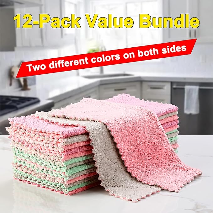 12 Pack Kitchen Cloth, Dish Towels, Microfiber Cleaning Cloths, Premium Coral Fleece Nonstick Oil Washable Fast Drying Cloths for Kitchen, Bathroom, Car and Household Cleaning Supplies, 10"×10"