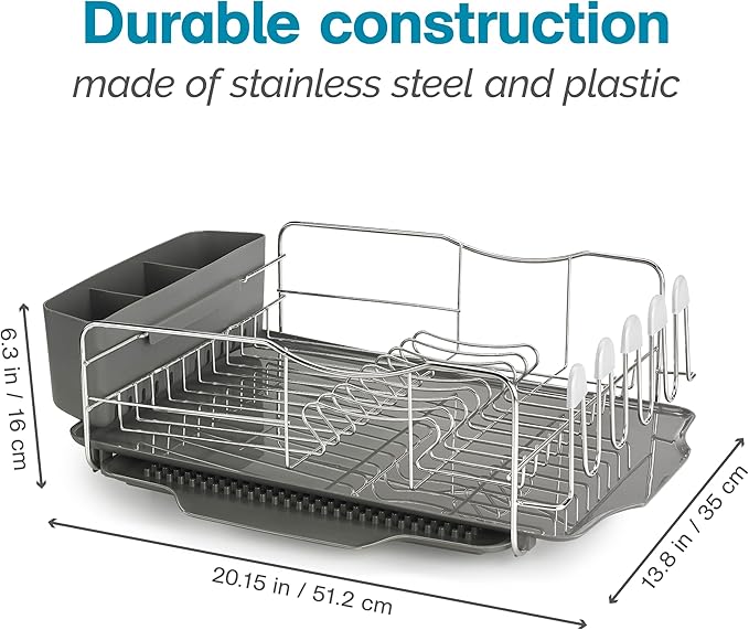 Polder KTH-615 Dish Rack, 4 PC Combo– Advantage System Includes Rack, Drain Tray, Removable Drying Tray & Cutlery Holder – Stainless Steel & Plastic