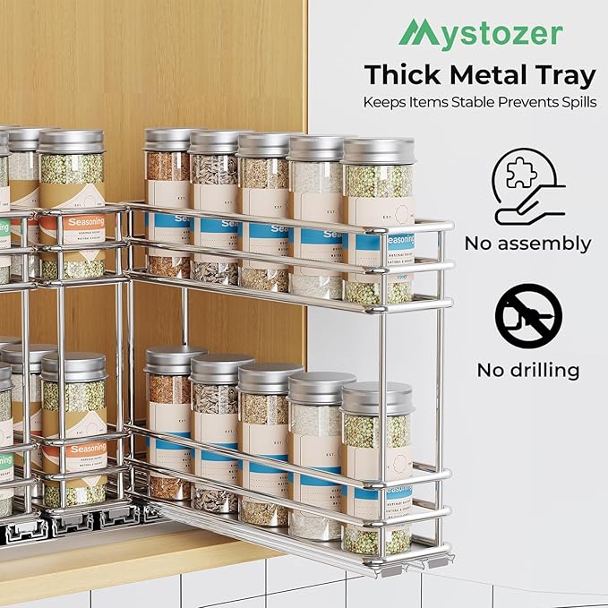 Pull Out Spice Rack Organizer for Cabinet, Slide Out Spice Racks, Easy to Install Spice Cabinet Organizers, 7.4" Wx10.43 Dx8.26 H, 3 Drawers 2 Tiers(Silver)
