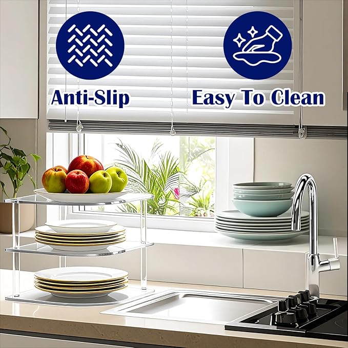 1 Pc Plate Organizer for Cabinet Space Saver - Clear Acrylic Corner Shelf for Dishes, Bowls - 3-Tier Kitchen Cabinet Plate Organization, Dinner Plates Holder, and Small Shelf for Bathroom Storage