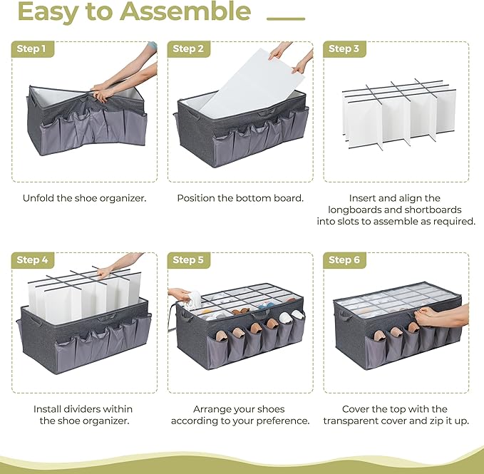 Extra Large Fabric Shoe Organizer for Closet, Fits up to 28 Pairs, Foldable Shoe Storage Bin Containers with Adjustable Dividers and Clear Cover, Grey, 1 Pack