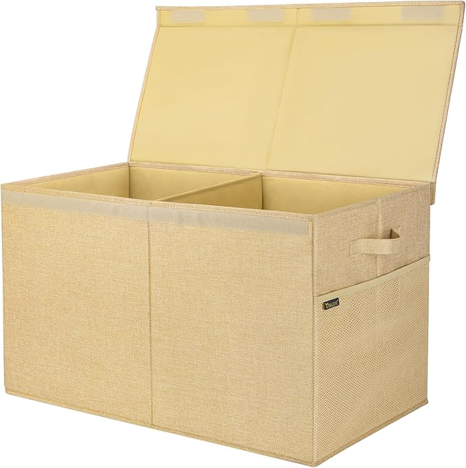 BALEINE Fabric Storage Bins with Lid, Collapsible Extra Large Storage Boxes Bins Baskets with Divider for Home Organizing (25"x13"x16", Khaki)