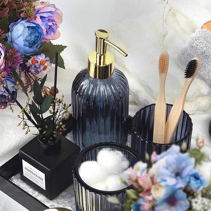 Designer Blue Glass Bathroom Accessories Sets - 4 Pcs with Lotion Soap Dispenser, Bathroom Toothbrush Holder, Vanity Tray, and Apothecary Jar, Vintage Bathroom Decor, Gift Countertop Organizer