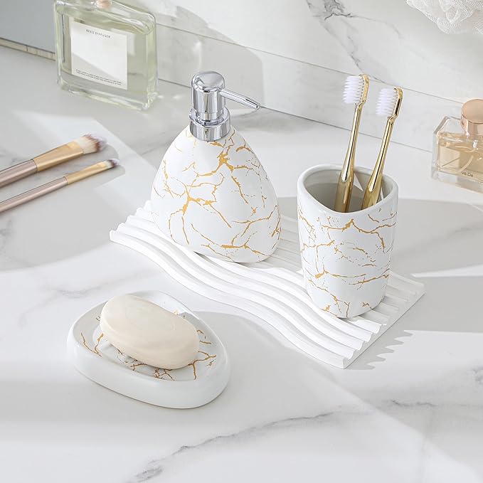 MALACASA Bathroom Accessories Sets 4 Pcs, Cream Soap Dispenser and Farmhouse Toothbrush Holder, Soap Dish with Storage Cup, Durable Ceramic Bathroom Decor for Morden Apartment, White Gold