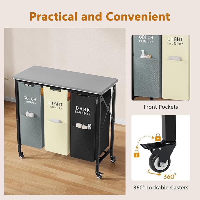 3 Section Laundry Sorter with Ironing Board, Laundry Hamper with Removable Bags, Heavy-Duty Rolling Laundry Cart with Lockable Wheels for Bathroom Bedroom
