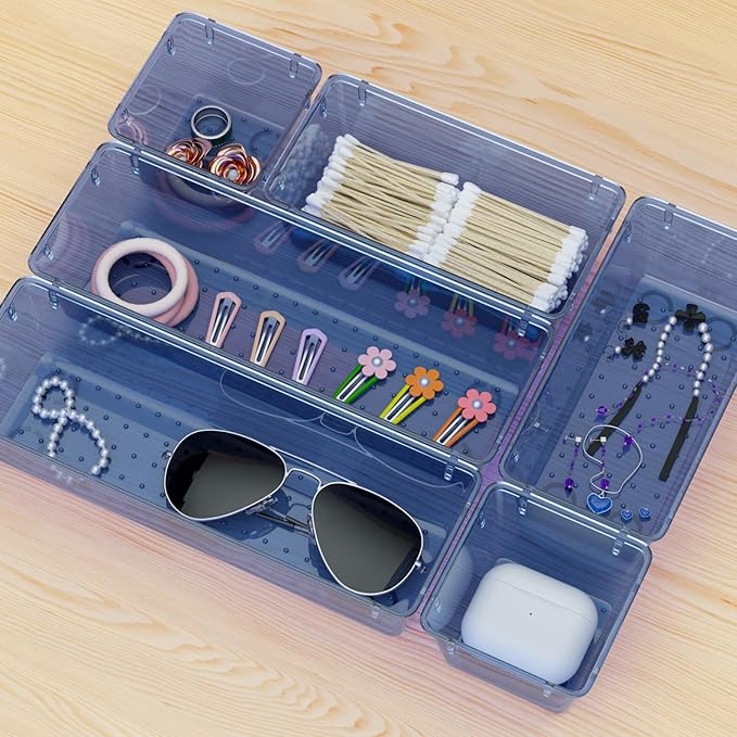 WOWBOX 12 Pack Clear Drawer Organizer Set, Acrylic Drawer Storage Trays, Storage Bins for Makeup, Cosmetics, Jewelries, Utensils, Gadgets, Office, Dark Blue