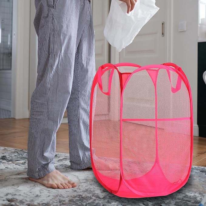 Foldable Mesh Popup Laundry Hamper,Laundry Basket Easy to Open and Fold for Dorm,Travel, College Dorms, and More (2 pink)