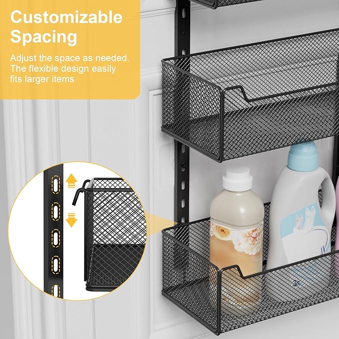 Over the Door Organizer, 8-Tier Pantry Organizer with Fully Enclosed Mesh Baskets, Heavy-Duty Metal Hanging Spice Rack for Kitchen Bathroom Laundry Room, 2-in-1 Wall Mount or Door Mount, Black