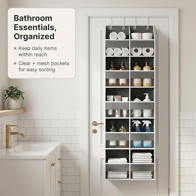 10-Pocket Over the Door Organizer with Heavy-Duty 600D Oxford Fabric, Upgraded Hooks with Silicone Protectors for Dorm, Closet Storage, Bedroom, Bathroom