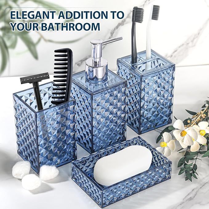 Bathroom Accessories Set, 4 Pack Blue Acrylic Bath Accessory Sets Complete, Diamond Soap Dispenser and Toothbrush Holder Bathroom Counter Sink Set, Boho Modern Bathroom Decor