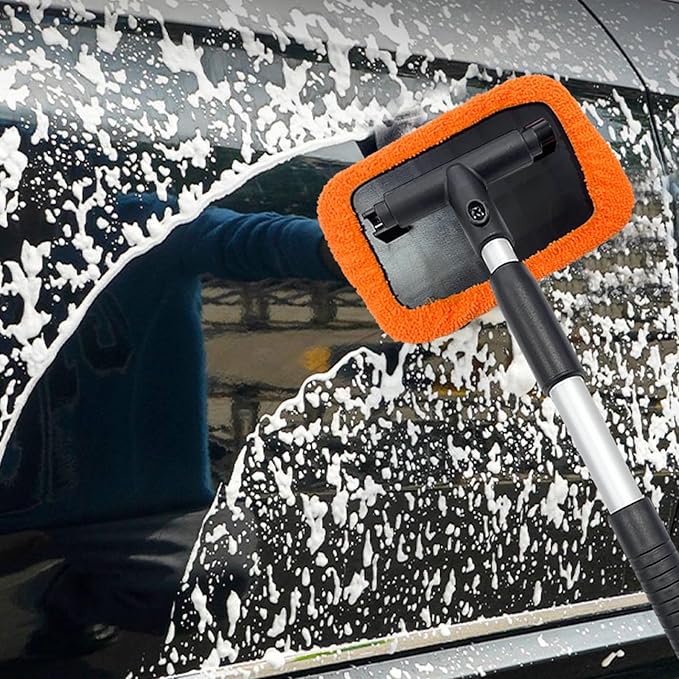 Ziciner Car Windshield Cleaner, Microfiber Auto Cleaning Wiper with Aluminum Extendable Handle and 2 Washable Reusable Cloth Pad Head, Vehicle Interior Exterior Cleaner Kit (Orange-Rectangle)