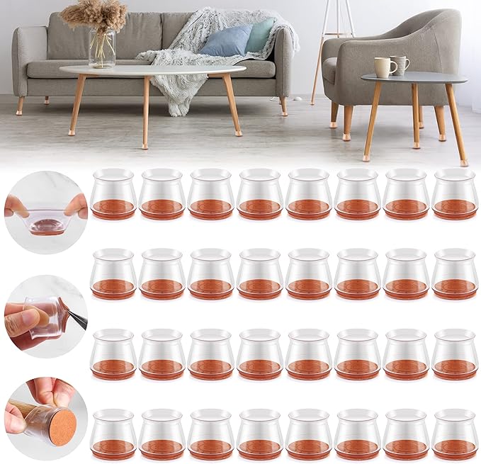 32PCS Upgraded Silicone Chair Leg Floor Protectors for Hardwood Floors, Furniture Sliders for Chair Legs, Felt Bottom Furniture Pads, Anti-Slip Round&Square Cap Covers to Scratch and Reduce Noise