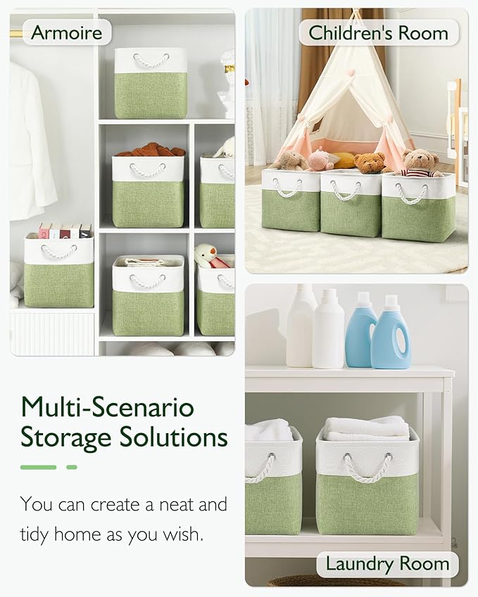 13x13x13 Cube Storage Bins,4 Pack Large Foldable Fabric Storage Cubes with Handles for Organizing Home, Closet, Shelf, Office(White&Green)