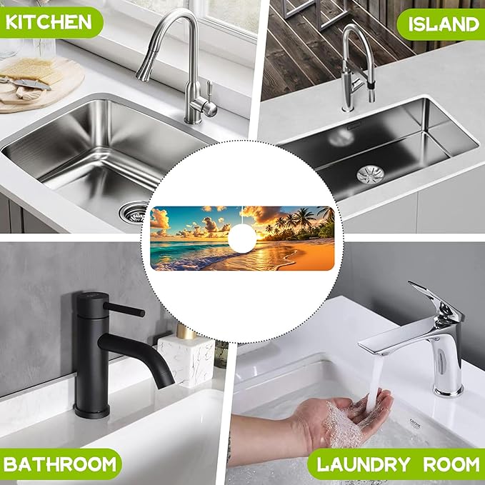 Sunset Beach Waves Palm Trees Kitchen Sink Splash Guard Faucet Mat Super Absorbent Fast Drying Mat Guard Behind Faucet Drip Catcher for Kitchen Bathroom, 15.5"X5.5"