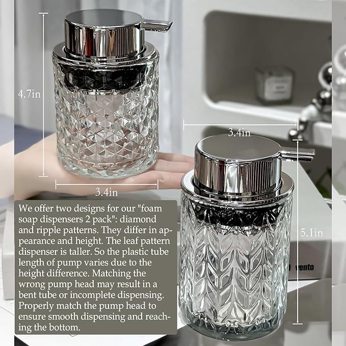 Foaming Soap Dispenser 2 Pack, Foam Hand Soap Dispenser for Bathroom Kitchen Liquid Refillable Clear Glass Bottles with Silver Pump(Diamond Pattern-Clear)