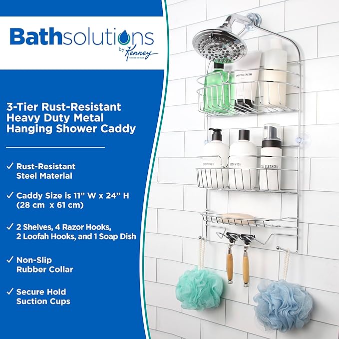 Kenney KN614151 Over the Shower Head 24" L x 11" W x 4.5" D Rust-Resistant Metal Wire Large 3-Shelf Hanging Caddy with Suction Cups and Razor Holders for Bathroom Shower, Chrome
