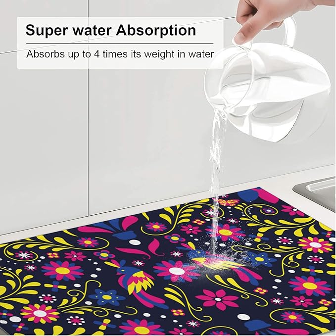 3Pcs Mexican Floral and Bird Dish Drying Mat & Kitchen Sink Splash Guard Faucet Mat For Kitchen Counter Absorbent Microfiber Dishes Pad Dish Drainer Rack Mats Fast Dry Kitchen Accessories