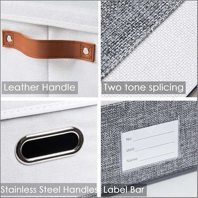 PRANDOM Larger Foldable Storage Bins with Handles [3-Pack] Fabric Collapsible Storage Boxes Baskets Cubes Containers with Handles for Closet Living Room Bedroom (Grey & White 17.3x12.2x10.4')
