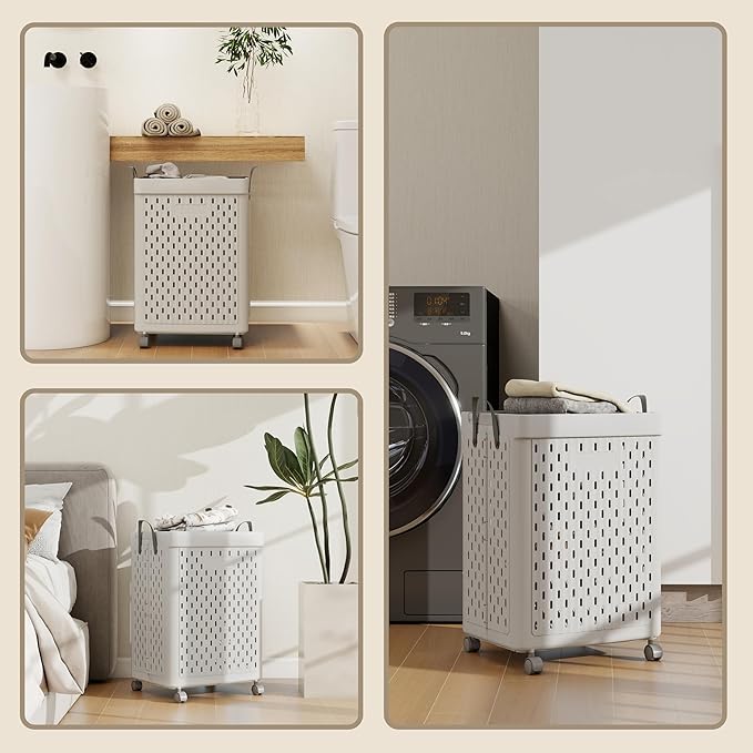 UAK 67L Plastic Laundry Basket with Wheels & Handle, Heavy Duty Foldable Laundry Hamper – Easy Clean Waterproof Rolling Organizer for Bathroom & Laundry Room, Grey