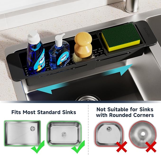 NiHome Extendable Over Sink Kitchen Organizer, Small Telescopic Brush Storage Rack for Sponge, Non-Slip Pads Expandable Sink Caddy, Adjustable Sponge/Brush Rack with Drainage Durable ABS (Black)
