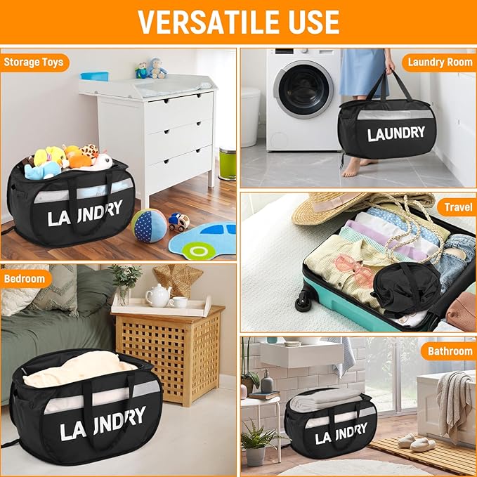 Collapsible Laundry Baskets with Lid, Foldable Clothes Hamper with Reinforced Handles, Sturdy Pop Up Hampers for Laundry, Tear Proof & Easy to Carry Laundry Hamper for Home, Dorm, Travel Black