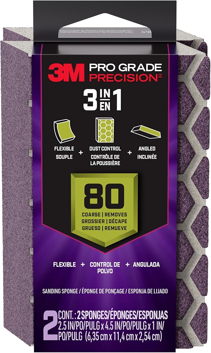 3M Pro Grade Precision 3-in-1 Sanding Sponge, 80 Grit Coarse, 2 Sponges, Washable & Reusable, for Wood, Metal, Drywall, and Heavy Material Removal – Flexible Foam, Contoured, Angled, Flat