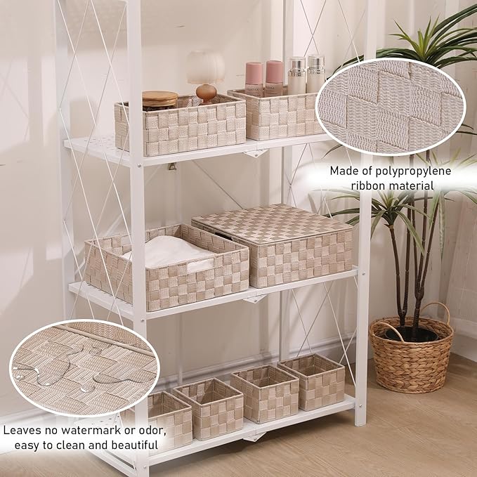 Storage Bins Woven Organizer with Lids Set of 8 – Polypropylene Storage Baskets with Metal Frame, Stackable Fabric Boxes for Drawers, Closet, Shelf, Nursery and Office, Beige