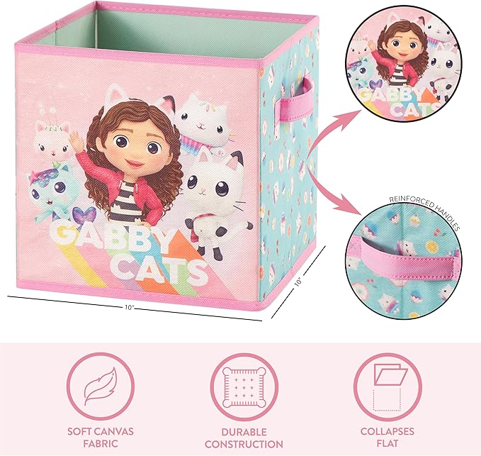 Gabby’s Dollhouse Set of 2 Collapsible Storage Cubes with Carry Handles, Kids Room & Playroom Organizer Bins, 10” x 10”