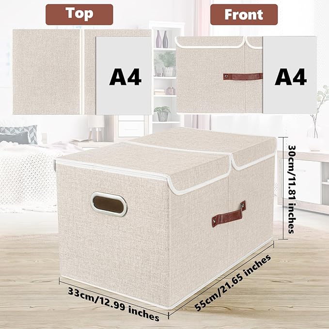 TYEERS Extra Large Collapsible Storage Bins with Lids and Compartments, Washable, Fabric Storage Boxes, 21.7x13x11.8 inches, 2 Pack, Beige