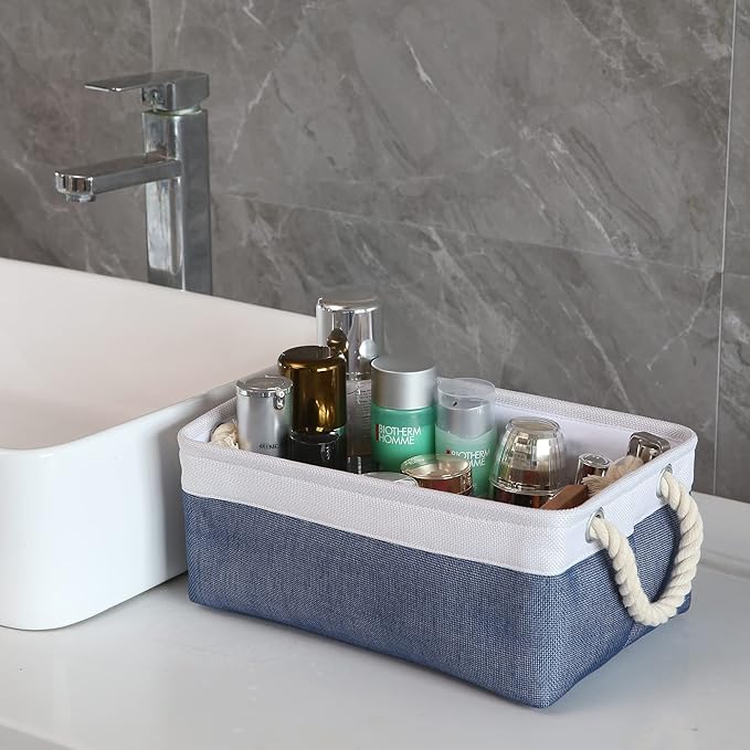 Sea Team 3-Pack Small Storage Basket Set, Storage Cube Organizer, Storage Bins, 12 x 8 x 5 Inches, Rectangle Canvas Fabric Collapsible Shelf Box with Handles for Kids Room (Denim/White)