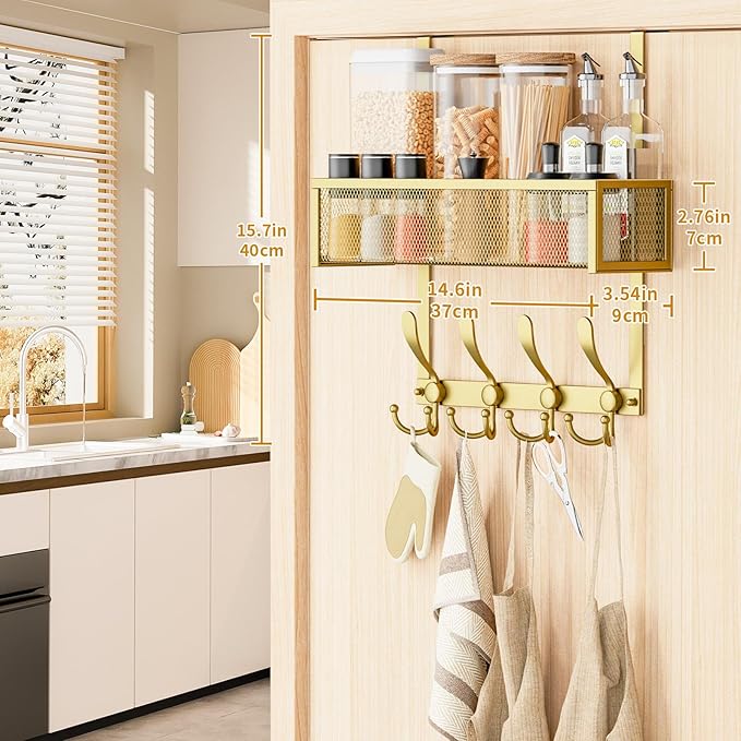 Kaiferty Over The Door Hooks Organizer,Over Door Hanger Towel Rack Mesh Basket with 12 Hooks,Back of Door Storage Organizer for Bedroom,Bathroom,Kitchen,Office(Gold)