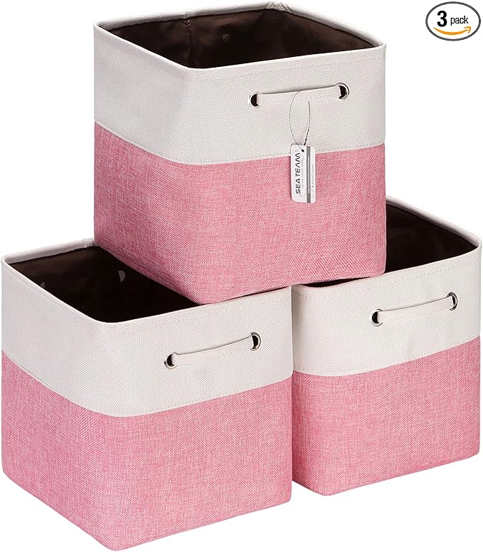 Sea Team 3-Pack Cubic Storage Basket Set, Storage Cube Organizer, Clothes Toys Bin, 11 x 11 x 11 Inches, Big Square Canvas Fabric Collapsible Shelf Box with Handles for Kids Room (Pink/White)