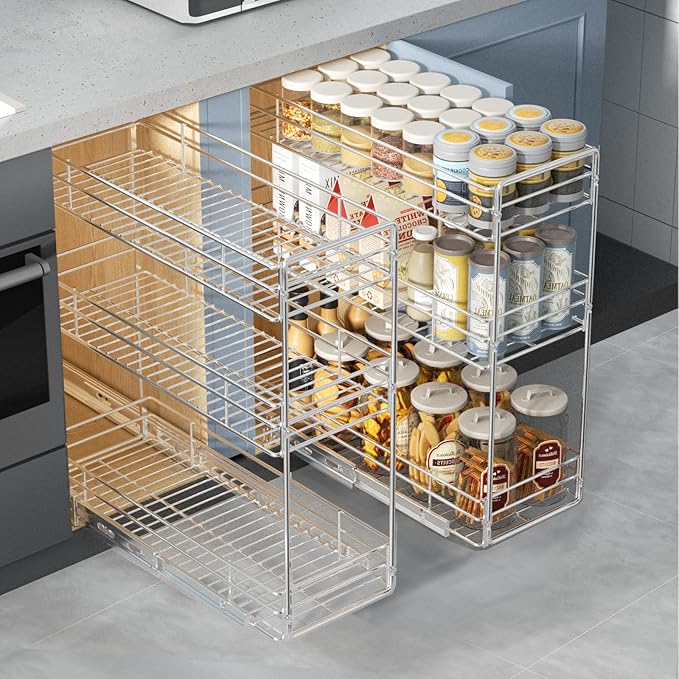 Pull Out Spice Rack Cabinet Organizer 8½" W x 20½" D, 3 Tier Heavy Duty Sliding Spice Cabinet Organization for Narrow Cabinet, Pull Out Shelves for Kitchen