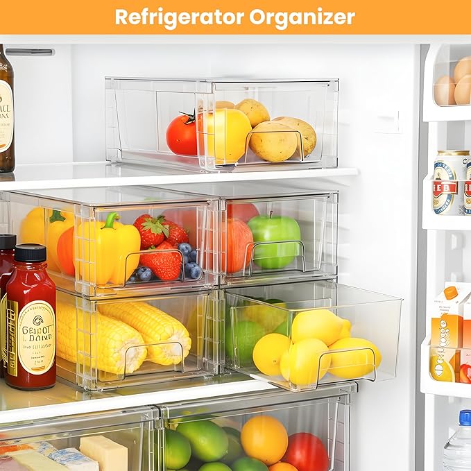 4 Pack Stackable Storage Drawers,Plastic Organizers Bins, Drawers Storage with Handles and Movable Dividers for Organization and Storage in Fridge,Bathroom, Pantry, Kitchen Cabinets, Under Sink