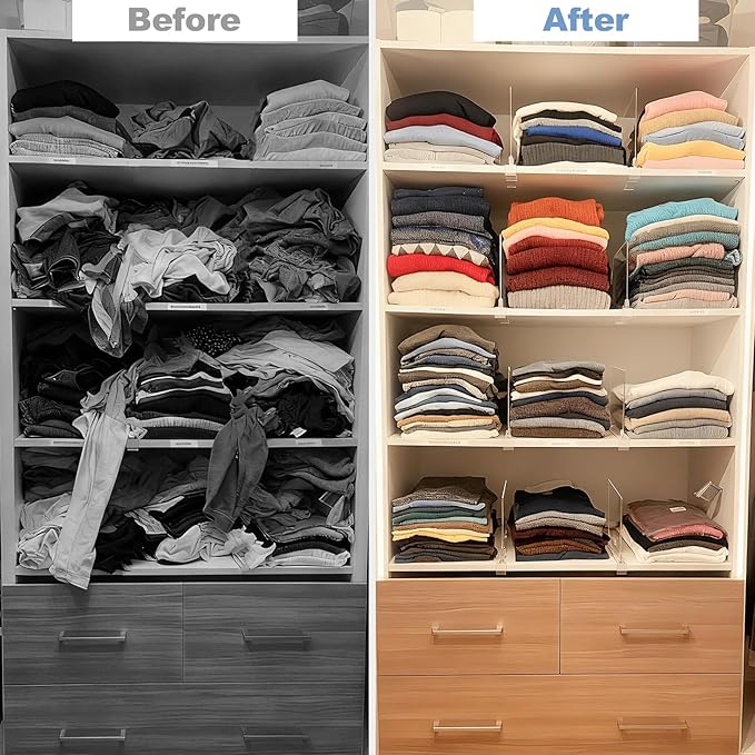 Purse Organizer for Closet Shelf Dividers: 6-Pack Adjustable Clear Acrylic Bag Storage Organizer for Handbags, Sweaters, Towels, Jeans and Shoes on Wood Shelves