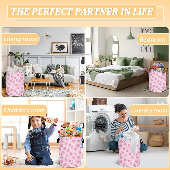 Pink Laundry Basket, Boho Laundry Hamper Foldable Waterproof Oxford Cloth Funny Tote Bag Dirty Clothes Storage Bucket Toy Organizer for Bathroom/Laundry/Bedroom 15.7"x 19.6"