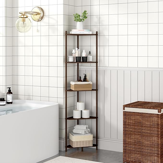 Corner Shelf Stand - 5 Tier Bamboo Small Corner Bookshelf for Office Kitchen Bedroom Plant Stand Living Room Decor Small Space (Brown, 5 Tier)