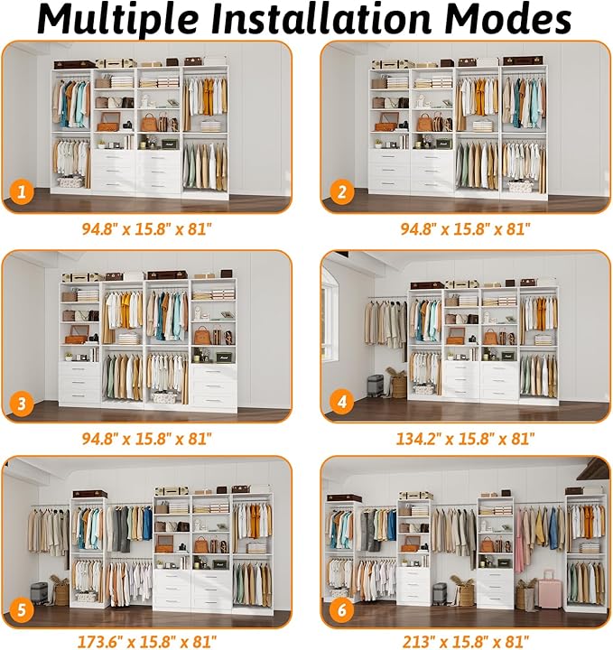 Closet System of 4 Sets with 6 Drawers & 8 Shelves & 8 Hanging Rods, 8FT-20FT Closet Organizer System, Walk in Closet, Modular Closet System White ( 8FT)