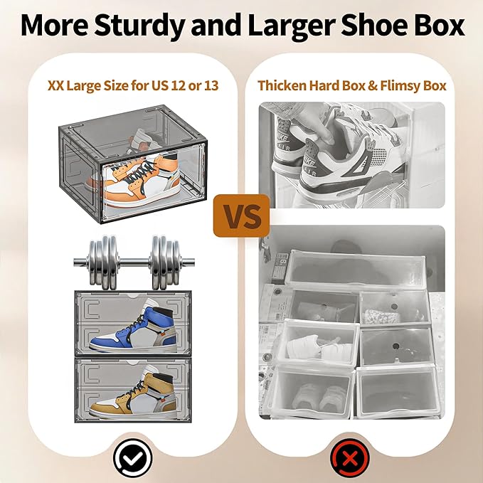 TOFWOF 10 Pack XX Large Shoe Organizer, Heavy-Duty Hard Thicken Plastic Clear Stackable Shoe Storage Box Organizer for Closet, Space-Saving Shoe Rack Display Case Bin Containers for Sneakers, Grey