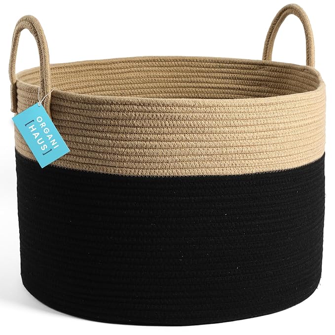 OrganiHaus Large Woven Storage Basket for Blankets and Toys 20" x 13" Inch, Rope Laundry Basket with Handles, Cushions & Pillows Storage Bin, Nursery Hamper, Soft Round Dog Toy Bin - Black/Honey
