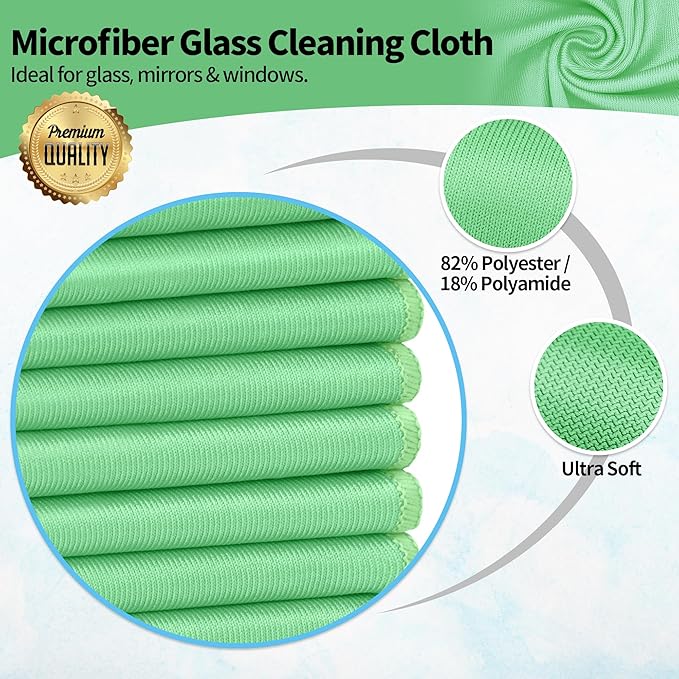 HOMERHYME Microfiber Cleaning Cloth, 10 Pack Glasses Cleaning Cloth, 16" ×14" Window Cleaning Rags, Streak Free Lint Free Polishing Cloths Wipes for Eye Glass Stainless Steel Windshield, Sage Green