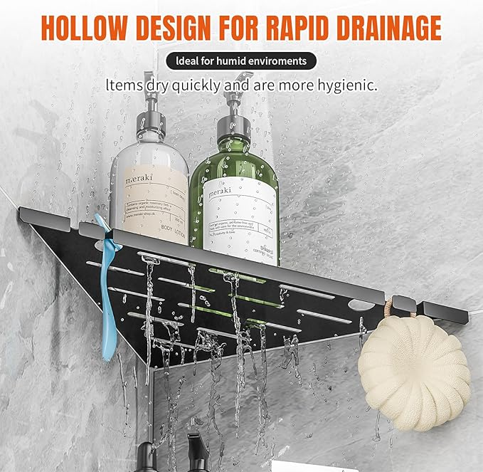 HBXS Shower Corner Shelf Organizer Rack with Hooks & Razor Hole, No Drilling Tile Shower Shelves, Rustproof Stainless Steel Bathroom Shelves Basket, Modern Corner Shelf for Bathroom, 2Pack-Black