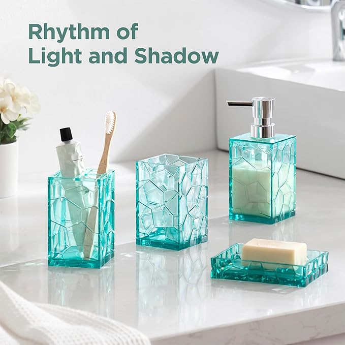 HBlife Bathroom Accessories Set, Teal Blue Acrylic Bathroom Counter Set with Toothbrush Holder, Soap Dispenser, Tumbler, Soap Dish, Turquoise Boho Modern Bathroom Decor, Ideal Gift Choice