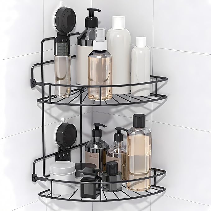 BANGMANG Shower Caddy Suction Cup, 2 Pack Suction Shower Shelf, NO-Drilling Bathroom Holder, Rustproof Bathroom Organizer for 90° Wall Corner, Black