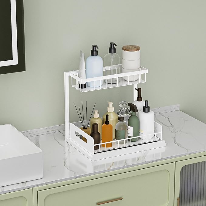 VUSIGN Under Kitchen Sink Organizer 2 Tier, Pull Out Bathroom Sink Organizers and Storage, Cabinet Kitchen Bathroom Storage Organization Shelf, 2 Pack White
