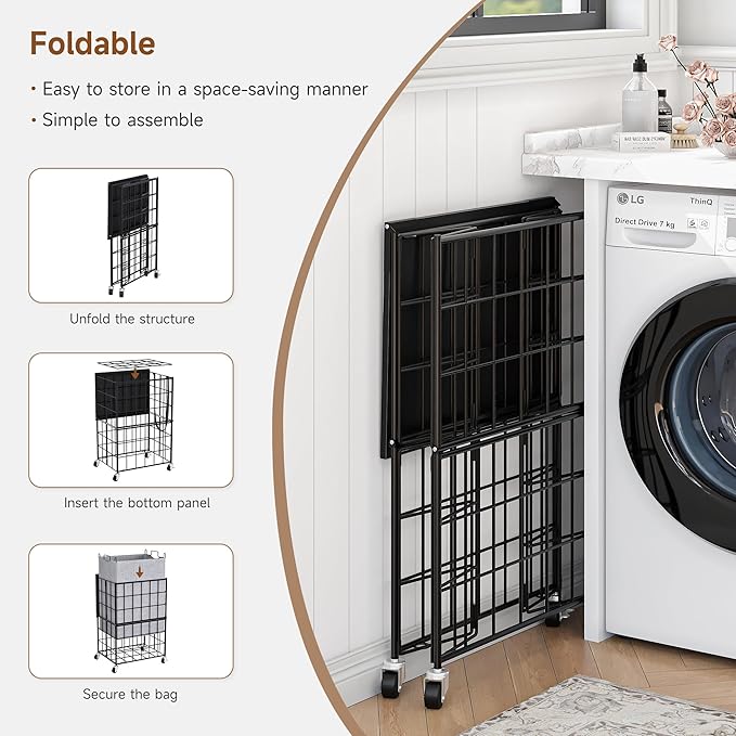 90L Laundry Basket with Wheels, Large Capacity Laundry Hamper with Removable Liner Bags, Heavy Duty Laundry Sorter with Solid Wood Lid & Leather Handles (Grey) TLH001G01