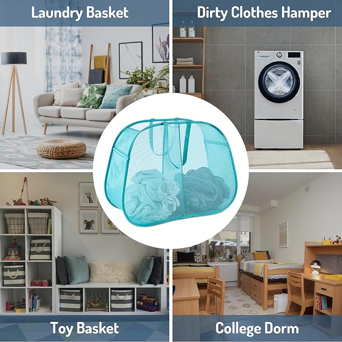 Seiritex Mesh Popup Laundry Hamper 2 Compartment, Collapsible Laundry Sorter Basket Foldable Hamper for Clothes, College Dorm, Travel (Turquoise Blue)
