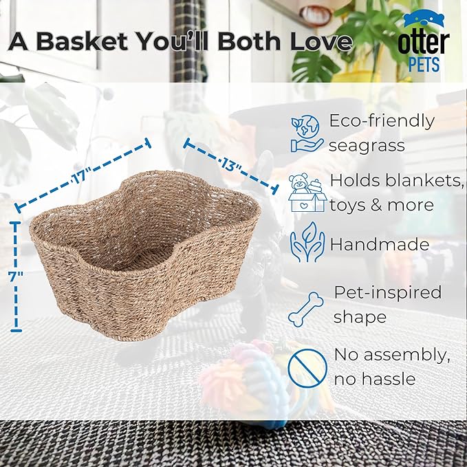 Dog Toy Basket, Bone Shaped Dog Toy Bin, Handmade Pet Organizer And Storage, Toy Box for Cats, (17x13 Seagrass)